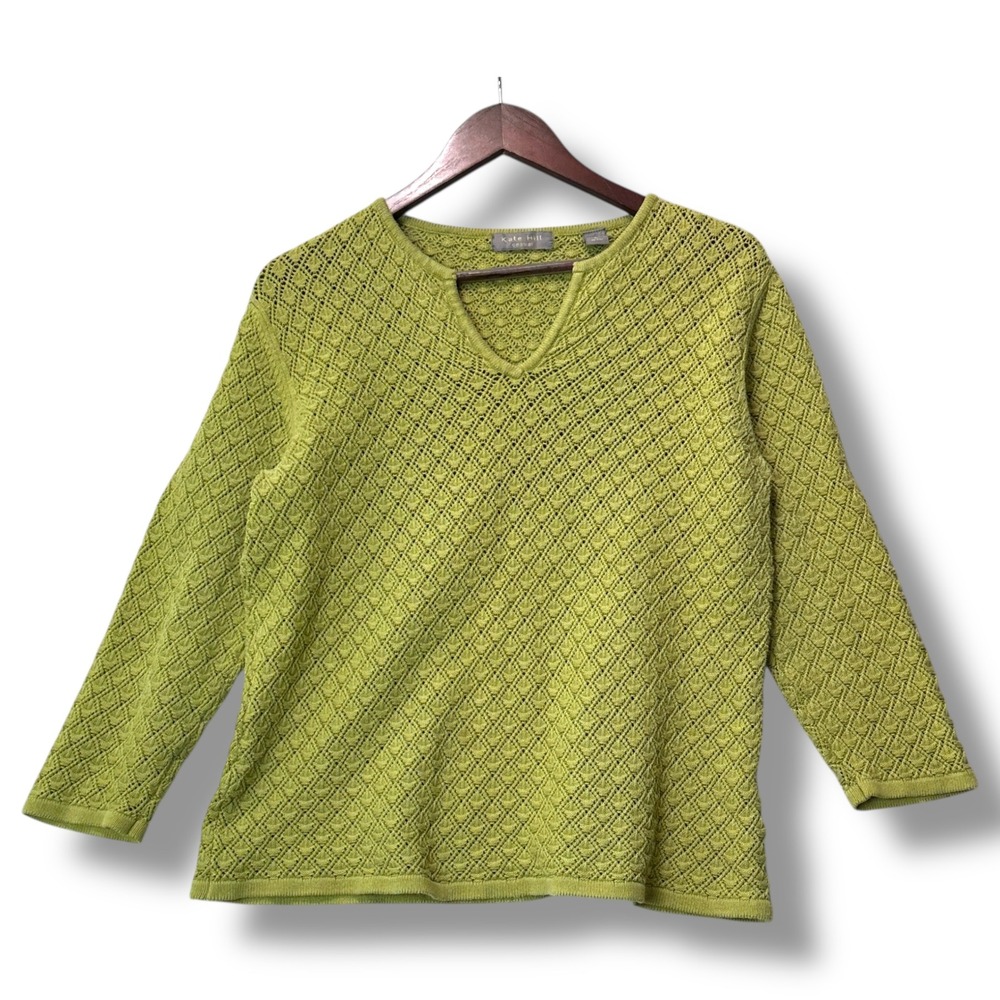 Kate Hill Casual Green Textured Knit Sweater L Boho Grannycore Retro‎ V-Neck